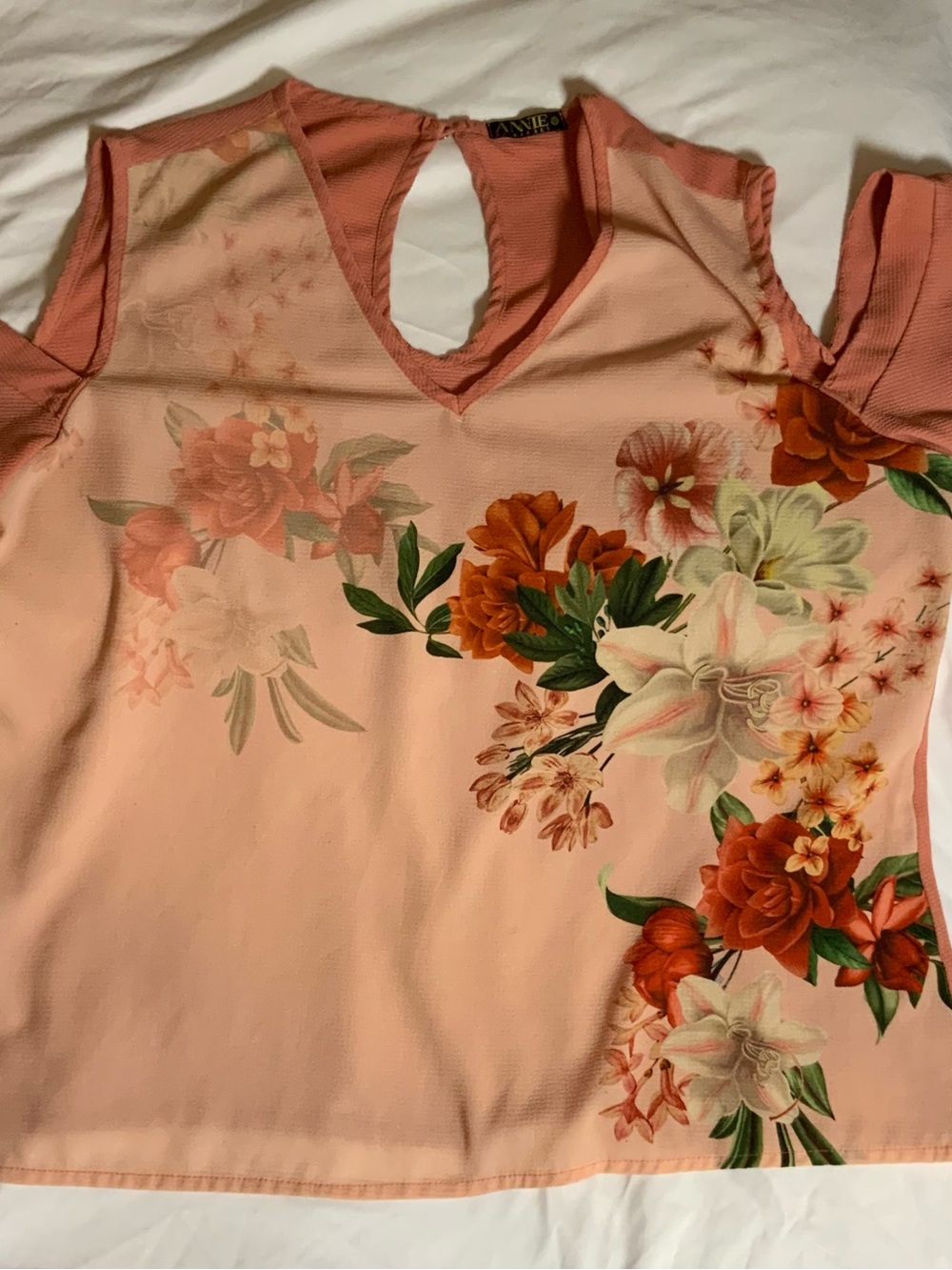 Annie Peach Floral Cold-Shoulder Blouse